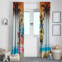 Cayman Islands Window Curtain Iguanas And Parrot Hisbius Flower - Wonder Print Shop
