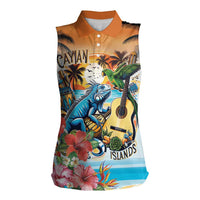 Cayman Islands Women Sleeveless Polo Shirt Iguanas And Parrot Hisbius Flower - Wonder Print Shop
