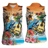Cayman Islands Women Sleeveless Polo Shirt Iguanas And Parrot Hisbius Flower - Wonder Print Shop
