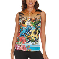 Cayman Islands Women Sleeveless Polo Shirt Iguanas And Parrot Hisbius Flower - Wonder Print Shop