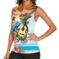 Cayman Islands Women Sleeveless Polo Shirt Iguanas And Parrot Hisbius Flower - Wonder Print Shop