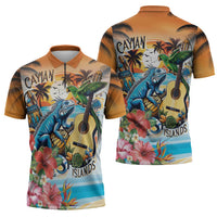 Cayman Islands Zipper Polo Shirt Iguanas And Parrot Hisbius Flower - Wonder Print Shop