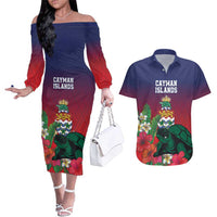Custom Cayman Islands Couples Matching Off The Shoulder Long Sleeve Dress and Hawaiian Shirt Green Turtle Sporty Style - Wonder Print Shop