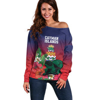 Custom Cayman Islands Off Shoulder Sweater Green Turtle Sporty Style - Wonder Print Shop