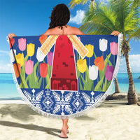 Netherlands Christmas Beach Blanket Windmills With Tulip Flowers - Wonder Print Shop