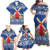 Netherlands Christmas Family Matching Off Shoulder Maxi Dress and Hawaiian Shirt Windmills With Tulip Flowers - Wonder Print Shop