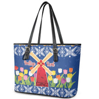 Netherlands Christmas Leather Tote Bag Windmills With Tulip Flowers - Wonder Print Shop