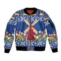 Netherlands Christmas Sleeve Zip Bomber Jacket Windmills With Tulip Flowers - Wonder Print Shop