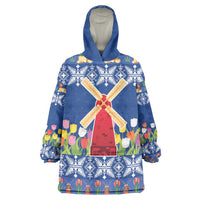 Netherlands Christmas Wearable Blanket Hoodie Windmills With Tulip Flowers - Wonder Print Shop