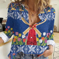 Netherlands Christmas Women Casual Shirt Windmills With Tulip Flowers - Wonder Print Shop