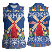 Netherlands Christmas Women Sleeveless Polo Shirt Windmills With Tulip Flowers - Wonder Print Shop