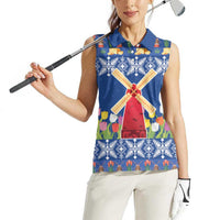Netherlands Christmas Women Sleeveless Polo Shirt Windmills With Tulip Flowers - Wonder Print Shop