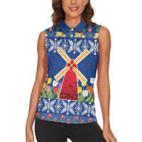 Netherlands Christmas Women Sleeveless Polo Shirt Windmills With Tulip Flowers - Wonder Print Shop