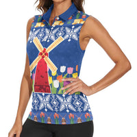Netherlands Christmas Women Sleeveless Polo Shirt Windmills With Tulip Flowers - Wonder Print Shop