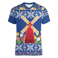 Netherlands Christmas Women V-Neck T-Shirt Windmills With Tulip Flowers - Wonder Print Shop