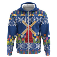 Netherlands Christmas Zip Hoodie Windmills With Tulip Flowers - Wonder Print Shop