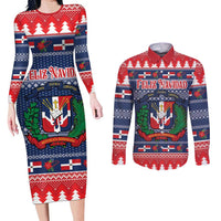 Personalized Dominican Republic Christmas Couples Matching Long Sleeve Bodycon Dress and Long Sleeve Button Shirt Dominicana Coat Of Arms Christmas Pattern - Wonder Print Shop