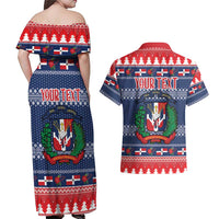 Personalized Dominican Republic Christmas Couples Matching Off Shoulder Maxi Dress and Hawaiian Shirt Dominicana Coat Of Arms Christmas Pattern - Wonder Print Shop