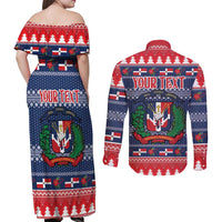 Personalized Dominican Republic Christmas Couples Matching Off Shoulder Maxi Dress and Long Sleeve Button Shirt Dominicana Coat Of Arms Christmas Pattern - Wonder Print Shop