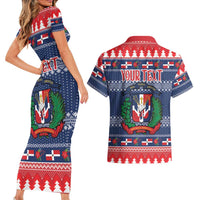 Personalized Dominican Republic Christmas Couples Matching Short Sleeve Bodycon Dress and Hawaiian Shirt Dominicana Coat Of Arms Christmas Pattern - Wonder Print Shop