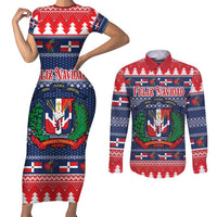 Personalized Dominican Republic Christmas Couples Matching Short Sleeve Bodycon Dress and Long Sleeve Button Shirt Dominicana Coat Of Arms Christmas Pattern - Wonder Print Shop