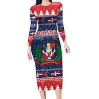 Personalized Dominican Republic Christmas Family Matching Long Sleeve Bodycon Dress and Hawaiian Shirt Dominicana Coat Of Arms Christmas Pattern - Wonder Print Shop