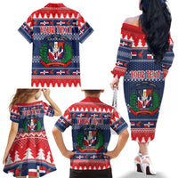 Personalized Dominican Republic Christmas Family Matching Off The Shoulder Long Sleeve Dress and Hawaiian Shirt Dominicana Coat Of Arms Christmas Pattern - Wonder Print Shop