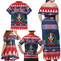 Personalized Dominican Republic Christmas Family Matching Off Shoulder Maxi Dress and Hawaiian Shirt Dominicana Coat Of Arms Christmas Pattern - Wonder Print Shop