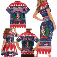 Personalized Dominican Republic Christmas Family Matching Short Sleeve Bodycon Dress and Hawaiian Shirt Dominicana Coat Of Arms Christmas Pattern - Wonder Print Shop