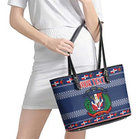 Personalized Dominican Republic Christmas Leather Tote Bag Dominicana Coat Of Arms Christmas Pattern - Wonder Print Shop