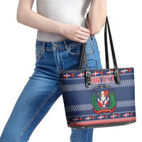 Personalized Dominican Republic Christmas Leather Tote Bag Dominicana Coat Of Arms Christmas Pattern - Wonder Print Shop