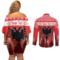 Personalized Albania Christmas Couples Matching Off Shoulder Short Dress and Long Sleeve Button Shirt The Double-headed Eagle Christmas Pattern - Wonder Print Shop