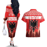 Personalized Albania Christmas Couples Matching Off The Shoulder Long Sleeve Dress and Hawaiian Shirt The Double-headed Eagle Christmas Pattern - Wonder Print Shop