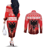 Personalized Albania Christmas Couples Matching Off The Shoulder Long Sleeve Dress and Long Sleeve Button Shirt The Double-headed Eagle Christmas Pattern