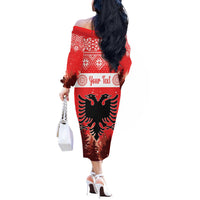 Personalized Albania Christmas Off The Shoulder Long Sleeve Dress The Double-headed Eagle Christmas Pattern - Wonder Print Shop