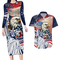 United States Fourth Of July Couples Matching Long Sleeve Bodycon Dress and Hawaiian Shirt Eagle Dead With American Flag