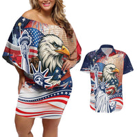 United States Fourth Of July Couples Matching Off Shoulder Short Dress and Hawaiian Shirt Eagle Dead With American Flag