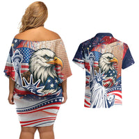 United States Fourth Of July Couples Matching Off Shoulder Short Dress and Hawaiian Shirt Eagle Dead With American Flag