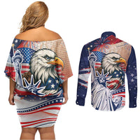 United States Fourth Of July Couples Matching Off Shoulder Short Dress and Long Sleeve Button Shirt Eagle Dead With American Flag