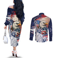 United States Fourth Of July Couples Matching Off The Shoulder Long Sleeve Dress and Long Sleeve Button Shirt Eagle Dead With American Flag