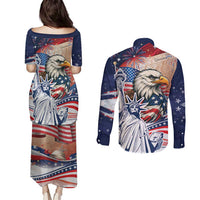 United States Fourth Of July Couples Matching Puletasi and Long Sleeve Button Shirt Eagle Dead With American Flag