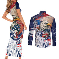 United States Fourth Of July Couples Matching Short Sleeve Bodycon Dress and Long Sleeve Button Shirt Eagle Dead With American Flag