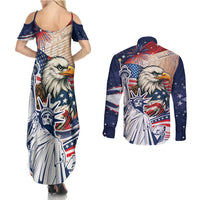 United States Fourth Of July Couples Matching Summer Maxi Dress and Long Sleeve Button Shirt Eagle Dead With American Flag
