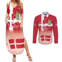 Danish National Flag Day Couples Matching Summer Maxi Dress and Long Sleeve Button Shirt Coat Of Arms With Map