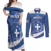 Personalized National Greek Flag Day Couples Matching Off Shoulder Maxi Dress and Long Sleeve Button Shirt Elliniki Dimokratia