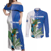 Personalized El Salvador Turquoise Browed Motmot Couples Matching Off Shoulder Maxi Dress and Long Sleeve Button Shirt With Yucca Flowers - Wonder Print Shop