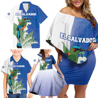 Personalized El Salvador Turquoise Browed Motmot Family Matching Off Shoulder Short Dress and Hawaiian Shirt With Yucca Flowers - Wonder Print Shop