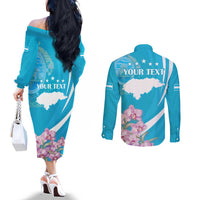 Personalized Honduras Independence Day Couples Matching Off The Shoulder Long Sleeve Dress and Long Sleeve Button Shirt With White Tailed Deer