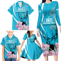 Personalized Honduras Independence Day Family Matching Long Sleeve Bodycon Dress and Hawaiian Shirt With White Tailed Deer - Wonder Print Shop
