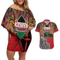 Personalized Kenya Mashujaa Day Couples Matching Off Shoulder Short Dress and Hawaiian Shirt Mzee Jomo Kenyatta With Coat Of Arms - Wonder Print Shop